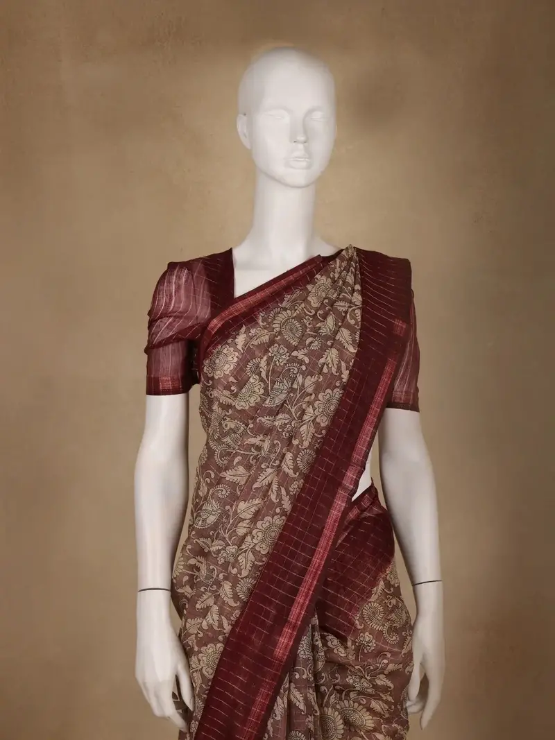 Maroon Kalamkari Printed Tussar Silk Saree 2