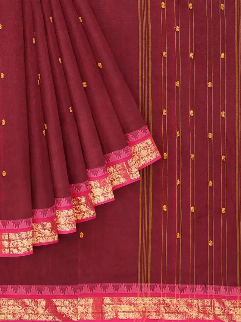 Maroon Kanchi Cotton Saree With Thread Butta And Zari Border 1