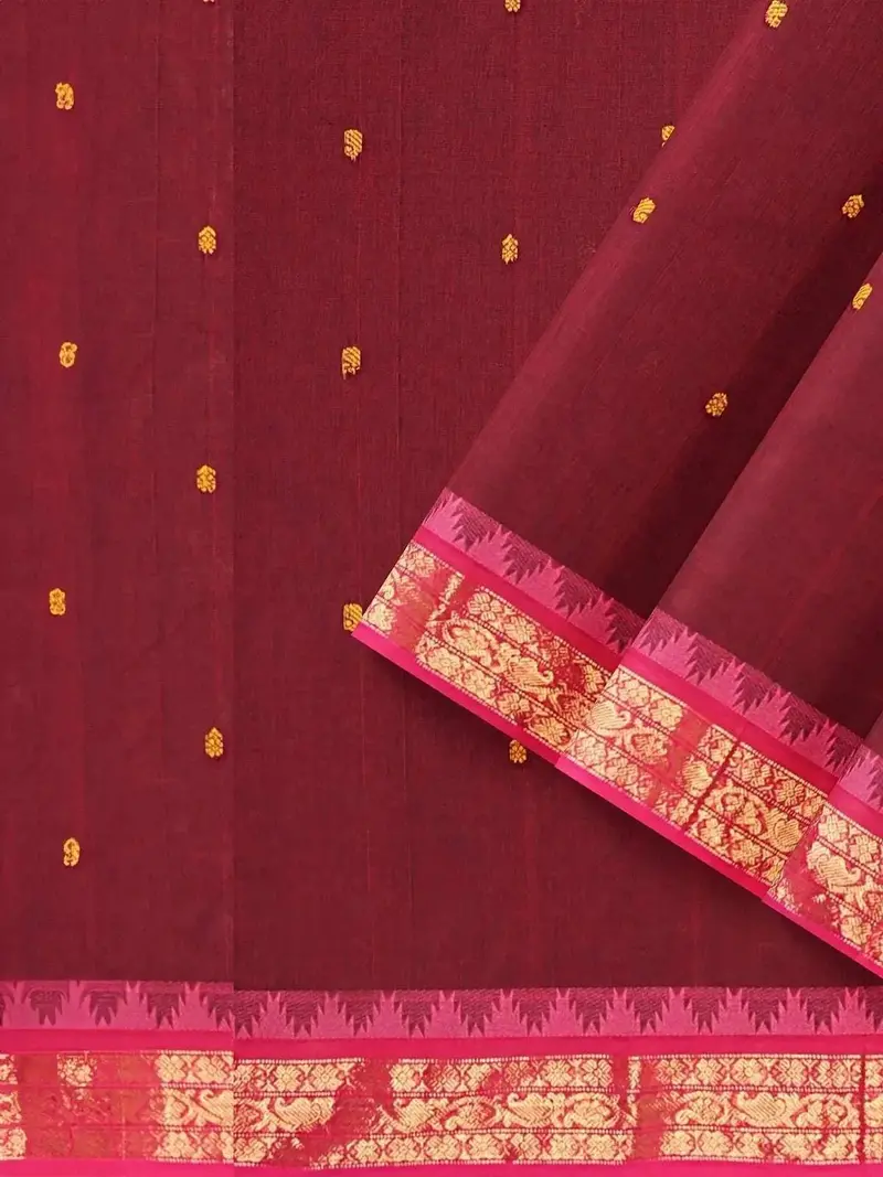 Maroon Kanchi Cotton Saree With Thread Butta And Zari Border 2
