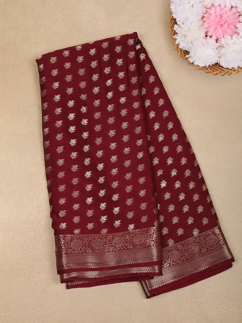 Maroon Leaf Butta Design Chiffon Saree 1
