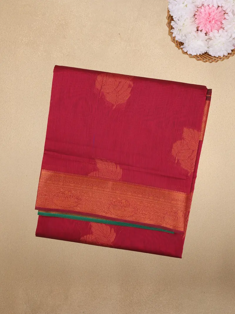 Maroon Leaf Butta Design Silk Cotton Saree With Zari Border 1