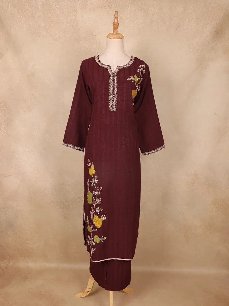 Maroon Leaf Embroidered Cotton Salwar Suit 1