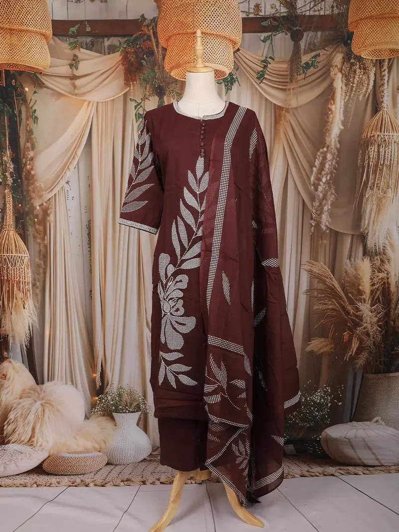 Maroon Leaf Embroidered Cotton Salwar Suit With Dupatta 1