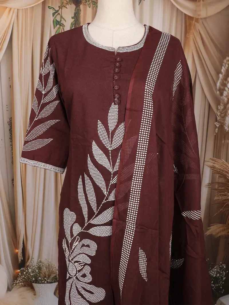 Maroon Leaf Embroidered Cotton Salwar Suit With Dupatta 2