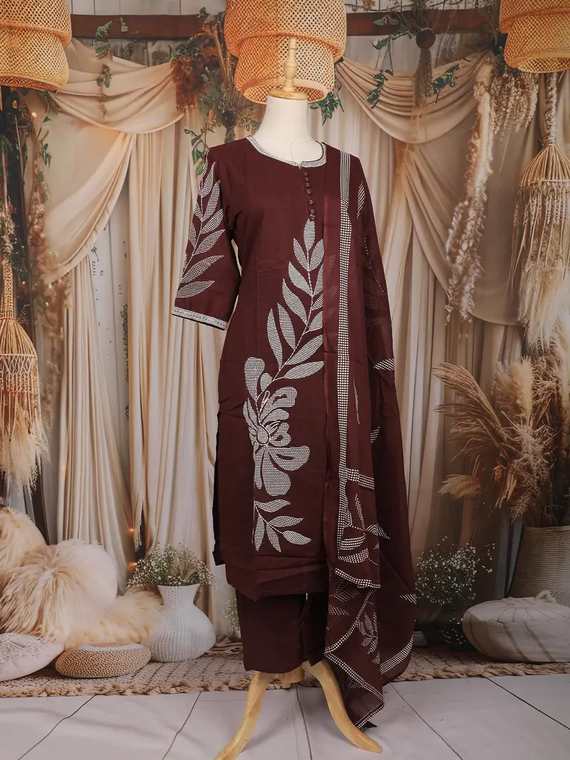 Maroon Leaf Embroidered Cotton Salwar Suit With Dupatta 3