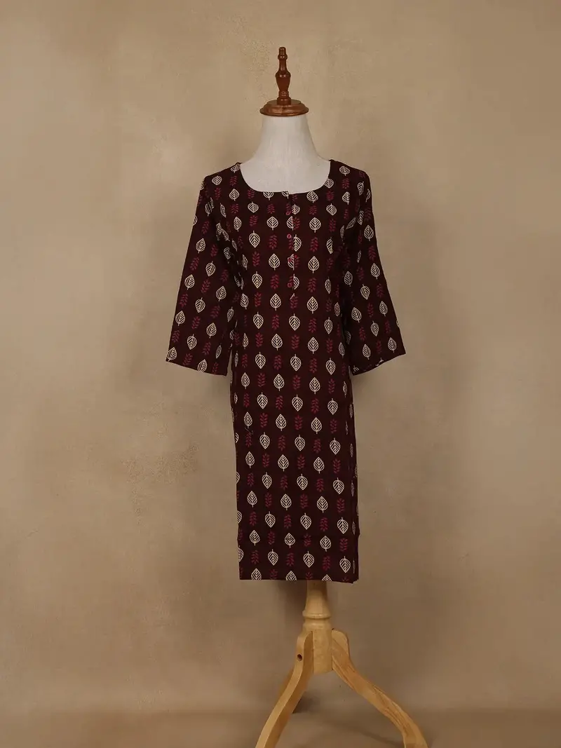 Maroon Leaf Printed Cotton Kurti 1