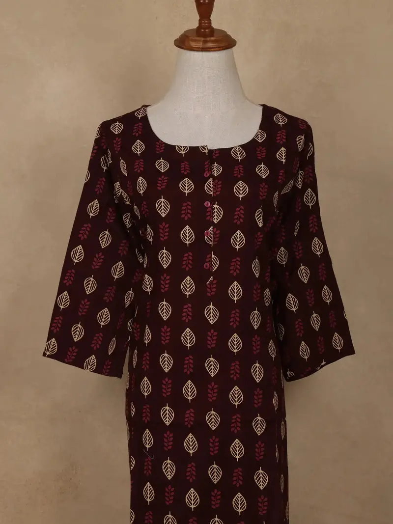 Maroon Leaf Printed Cotton Kurti 2
