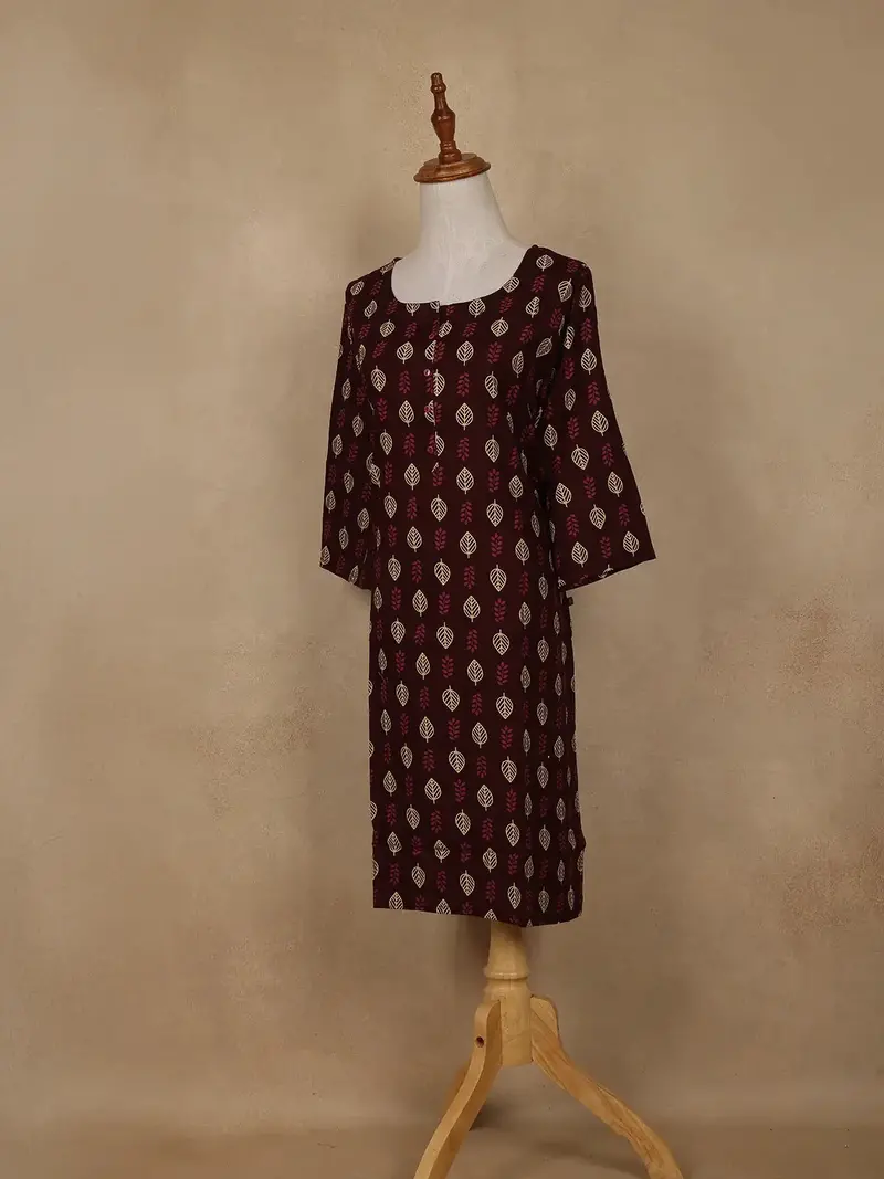 Maroon Leaf Printed Cotton Kurti 3