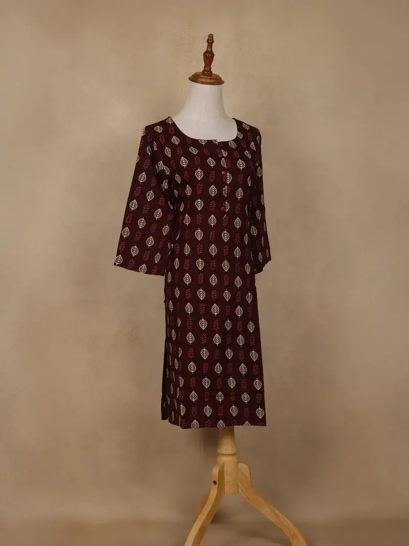 Maroon Leaf Printed Cotton Kurti 4