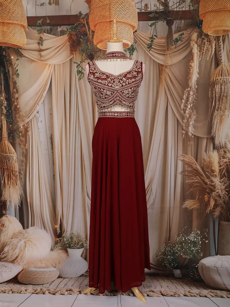 Maroon Mirror And Thread Embroidered Design Georgette Palazzo Suit With Dupatta 1