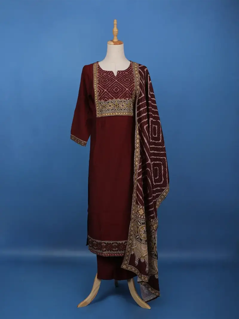 Maroon Mirror Embroidered Cotton Salwar Suit 1