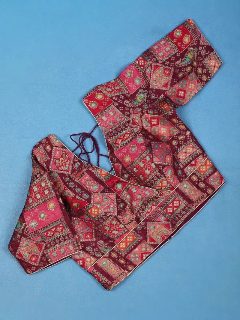 Maroon Motifs Design Brocade Readymade Blouse 1