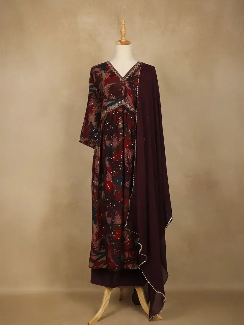 Maroon Multi-Color Floral Printed Anarkali Satin Salwar Suit 1