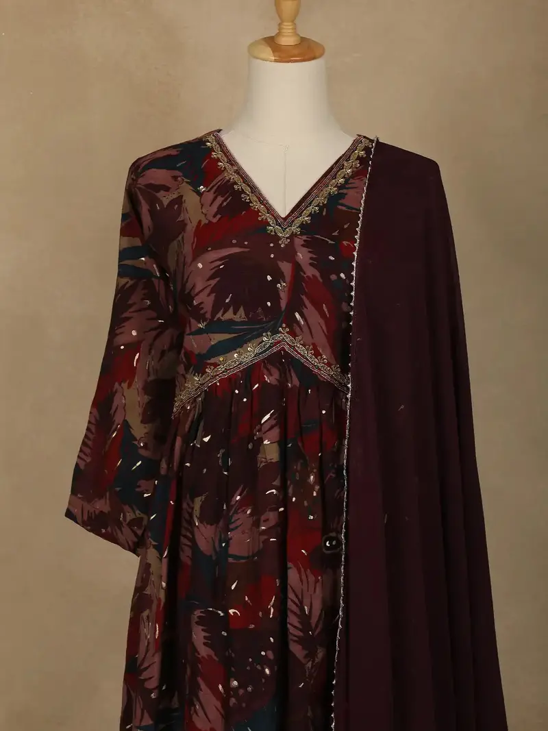 Maroon Multi-Color Floral Printed Anarkali Satin Salwar Suit 2