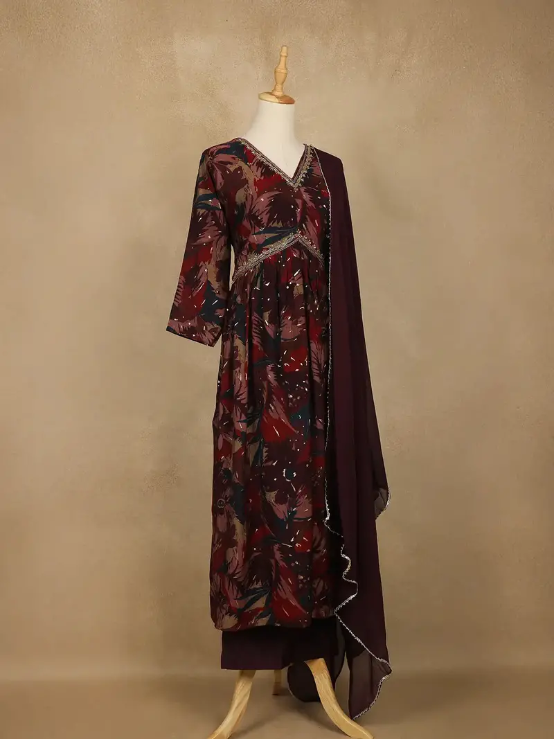 Maroon Multi-Color Floral Printed Anarkali Satin Salwar Suit 4