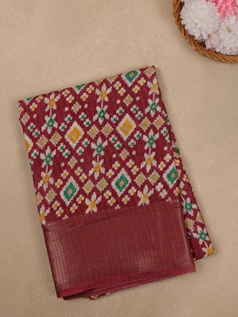 Maroon Multi-Color Geometric Ikat Patterned Cotton Saree 1