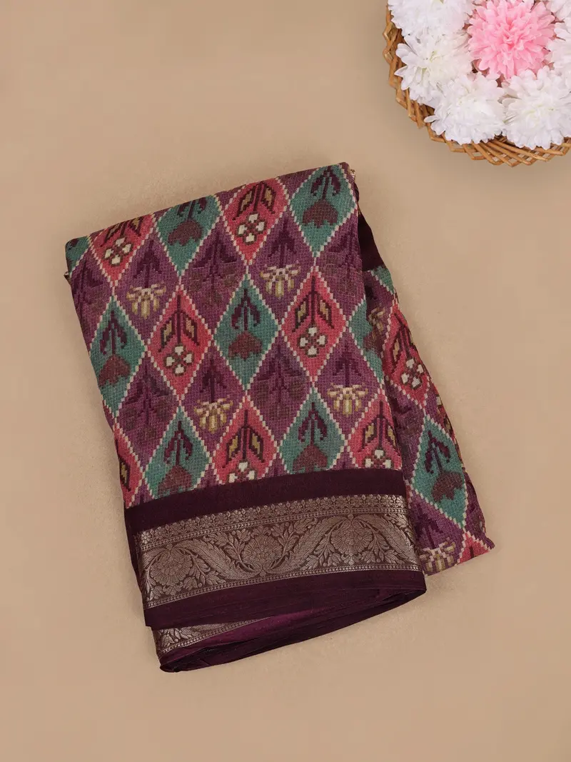 Maroon  Multicolor Diamond Ikat Design Linen Cotton Saree 1