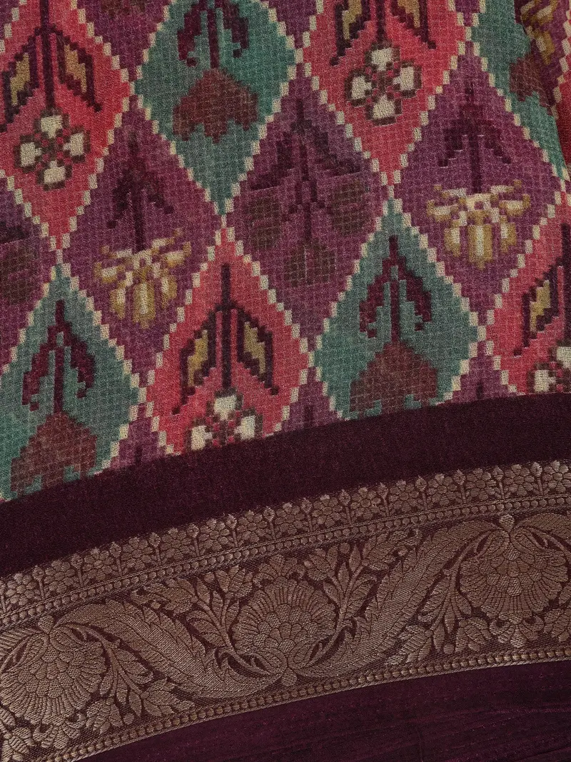 Maroon Multicolor Diamond Ikat Design Linen Cotton Saree 2