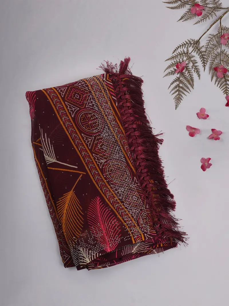 Maroon Multicolor Leaf Printed Chiffon Saree With Stone Embellished Border 1