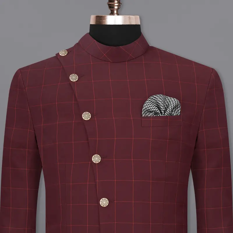 Maroon Oak Windowpane Cross Placket Bandhgala Windowpane Blazer 1