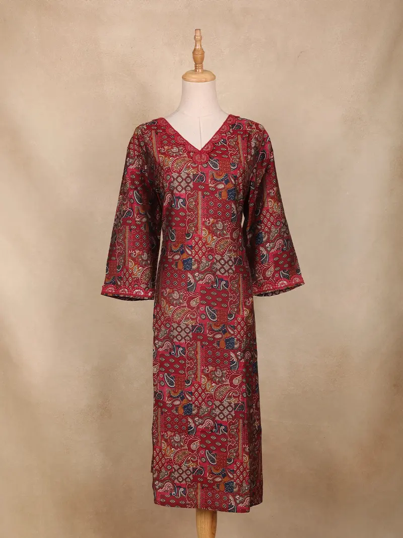 Maroon Paisley And Geometric Printed Rayon Kurti 1