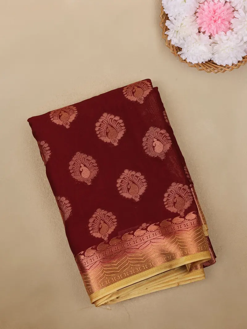 Maroon Paisley Butta Woven Mysore Silk Saree With Contrast Zari Border 1
