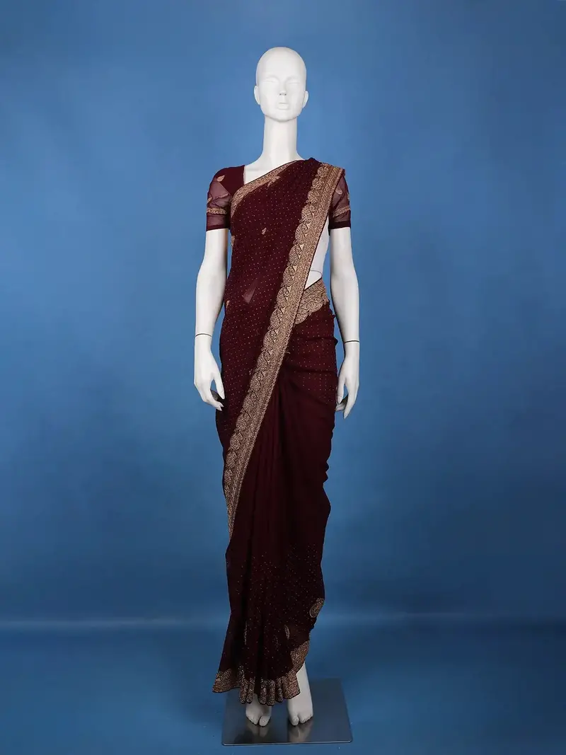 Maroon Paisley Embroidered Chiffon Saree 1