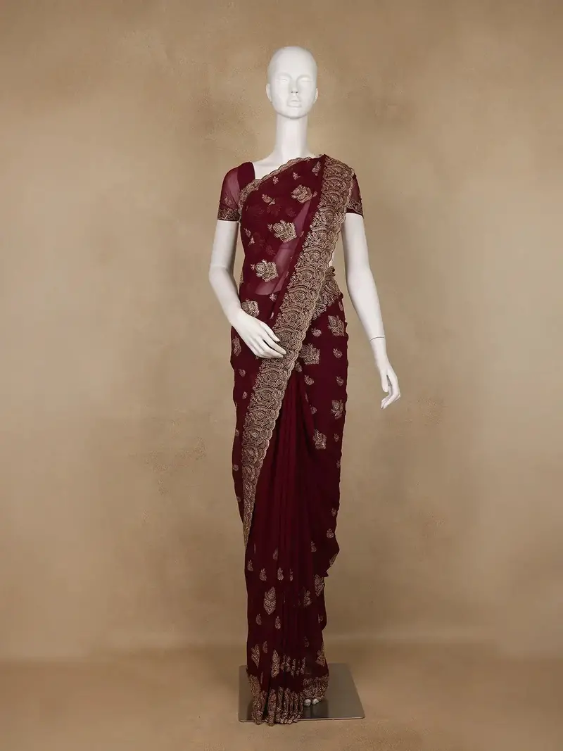 Maroon Paisley Embroidered Chiffon Saree 1