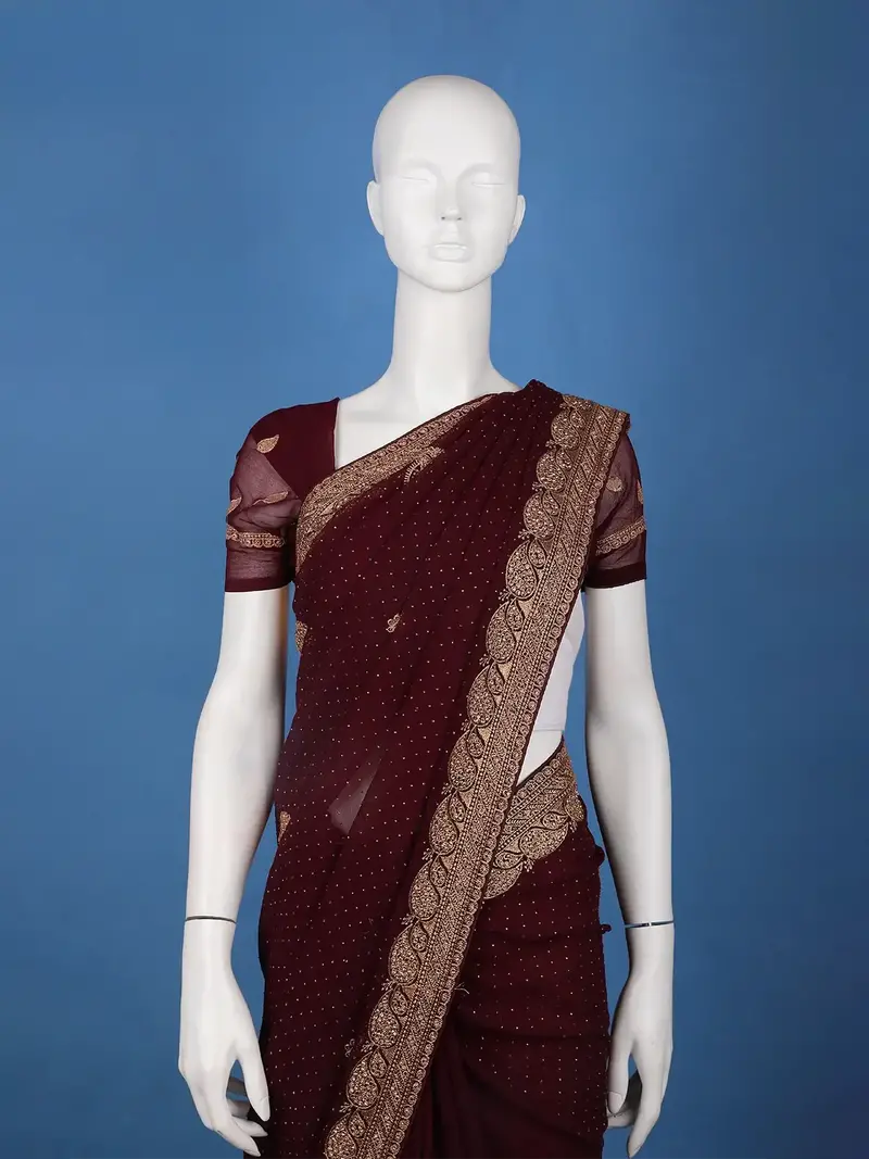 Maroon Paisley Embroidered Chiffon Saree 2