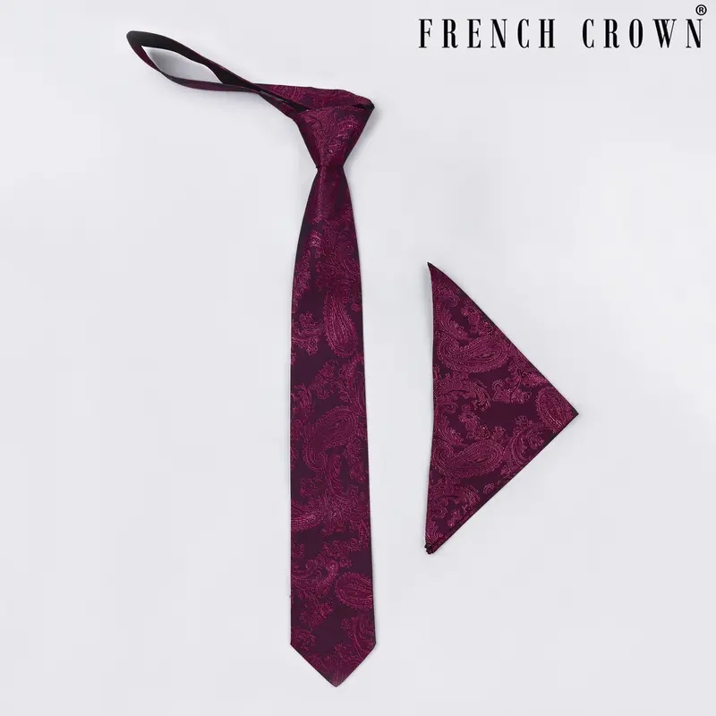 Maroon Paisley Jacquard Tie With Free Pocket Square 1