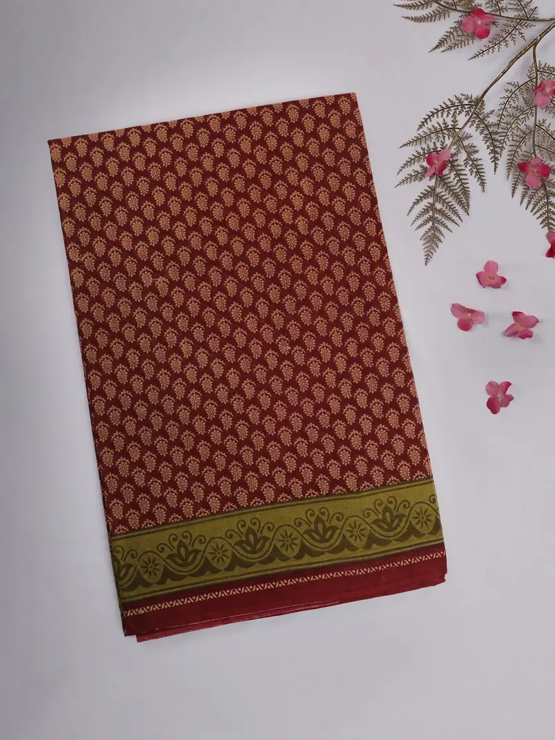 Maroon Paisley Printed Karishma Cotton Saree With Olive Green Ornamental Border 1