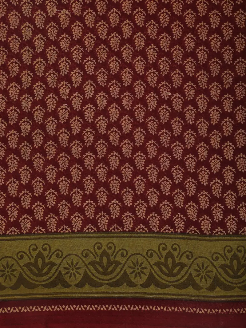 Maroon Paisley Printed Karishma Cotton Saree With Olive Green Ornamental Border 2