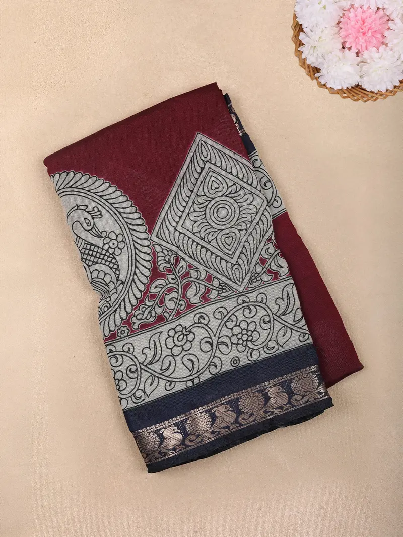 Maroon Peacock Printed Design Chanderi Cotton Saree With Contrast Zari Woven Border 1