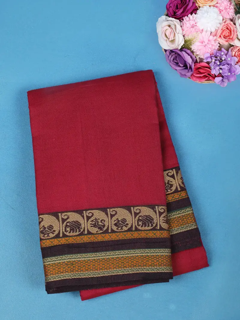 Maroon Plain Cotton Saree With Contrast Paisley Motif Border 1