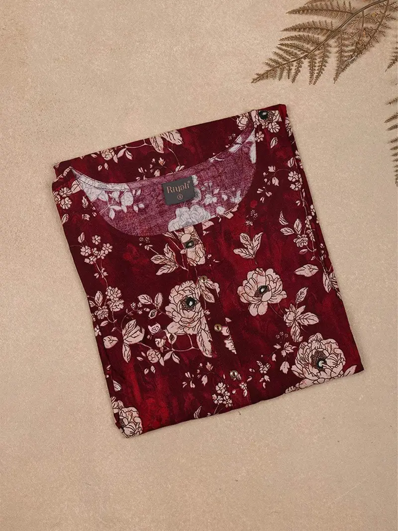 Maroon Printed Cotton Rayon Kurti With Pastel Floral Design 1