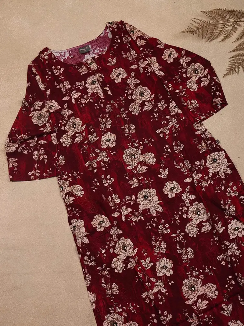 Maroon Printed Cotton Rayon Kurti With Pastel Floral Design 2