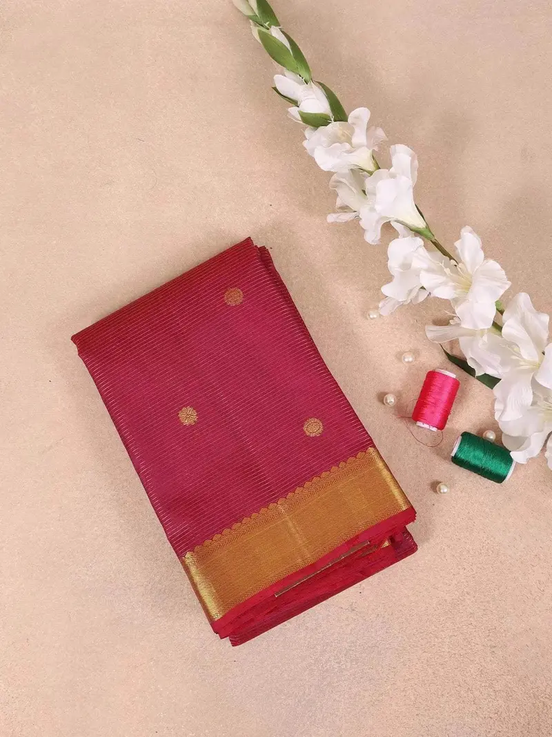 Maroon Pure Kanchipuram Bridal Silk Saree With Stripes And Flower Design On The Body With Zari Border 1