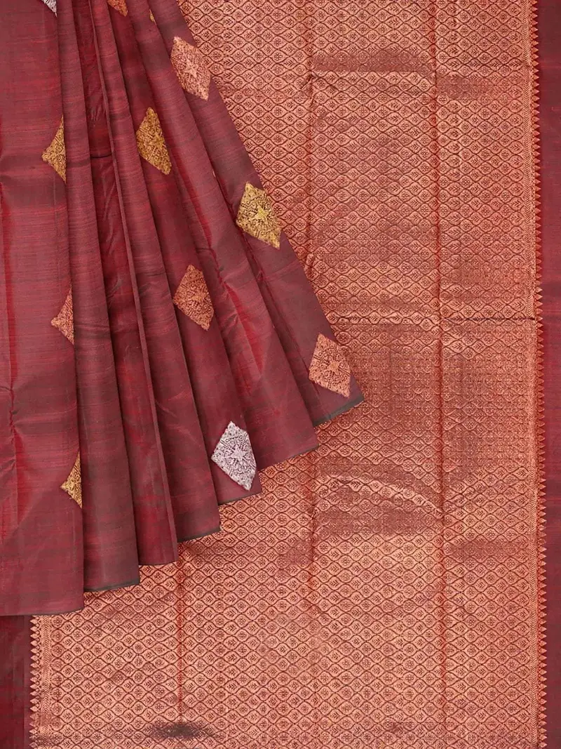 Maroon Pure Kanchipuram Pattu Saree With Zari Butta On The Body And Without Border 1