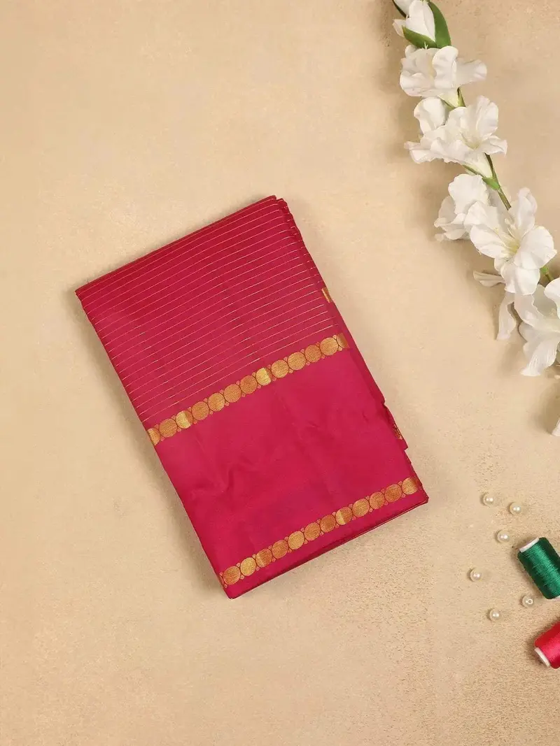 Maroon Pure Kanchipuram Silk Saree With Stripes Design On The Body With Zari Border 1