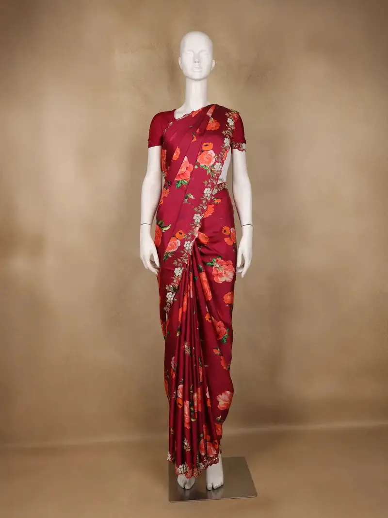 Maroon Red Floral Designed Satin Saree 1