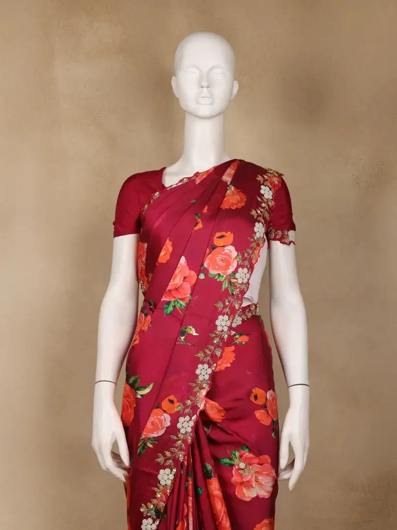 Maroon Red Floral Designed Satin Saree 2