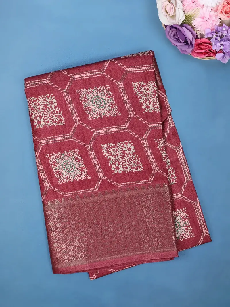 Maroon Red Floral Hexagonal Printed Cotton Saree 1