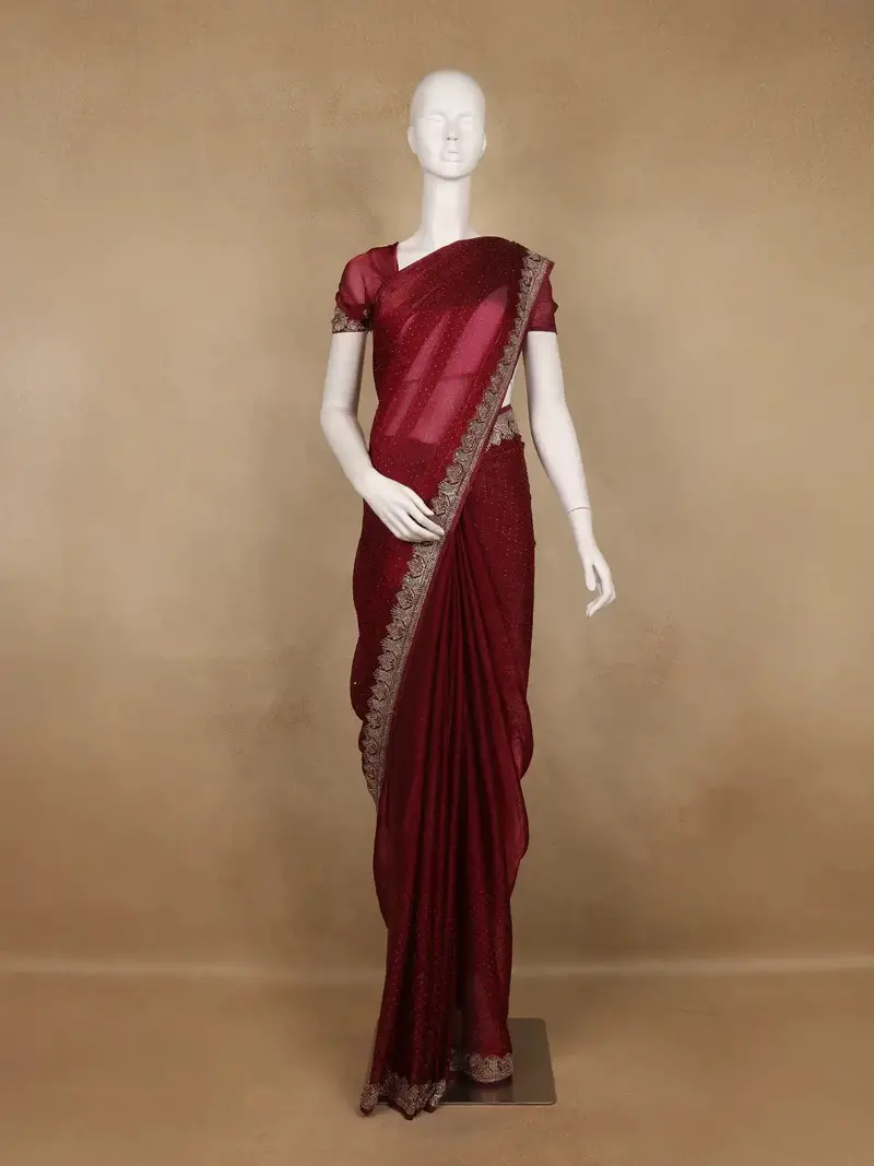 Maroon Red Sequins Embroidered Satin Saree 1