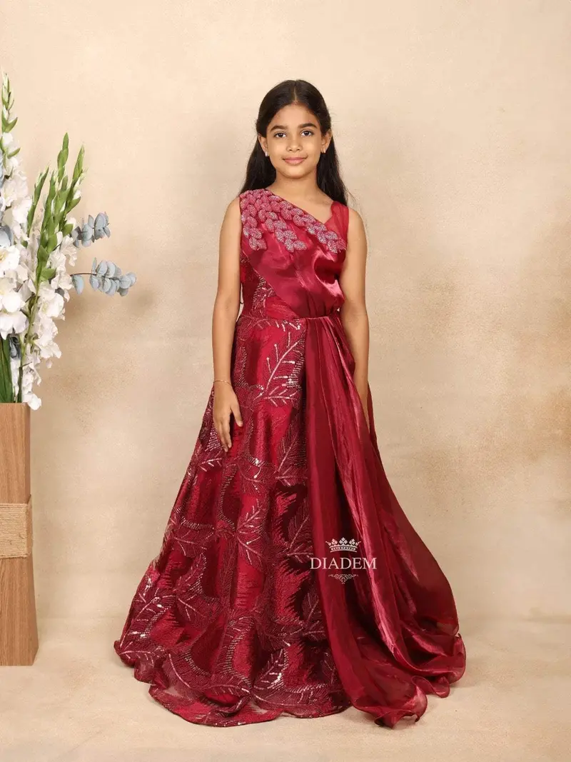 Maroon Satin And Net Gown Adorned With Sequins And Beads 1