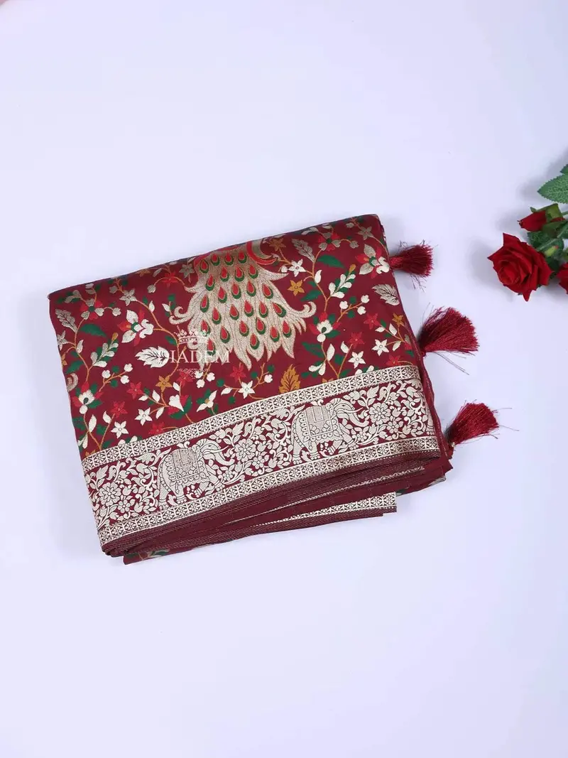 Maroon Semi Banarasi Saree With Floral And Peacock Motif On The Body And Design Border 1