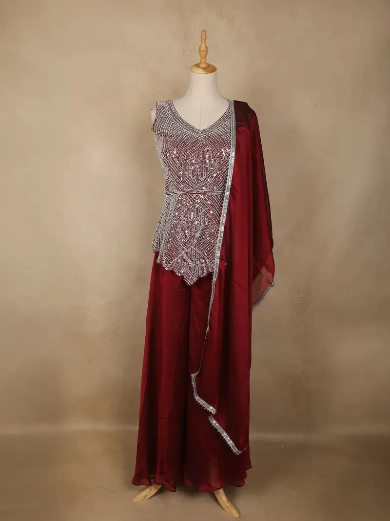 Maroon Sequin Design Georgette Palazzo Suit 1