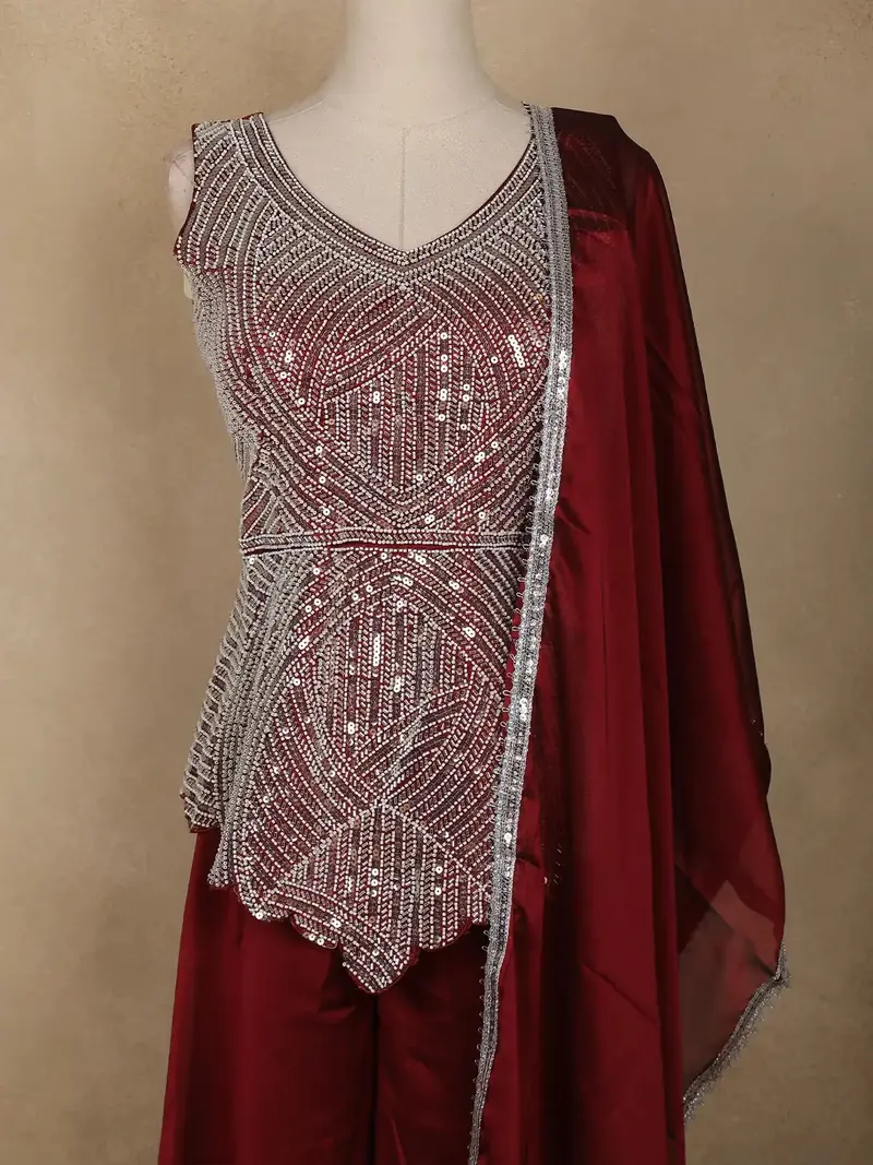 Maroon Sequin Design Georgette Palazzo Suit 2