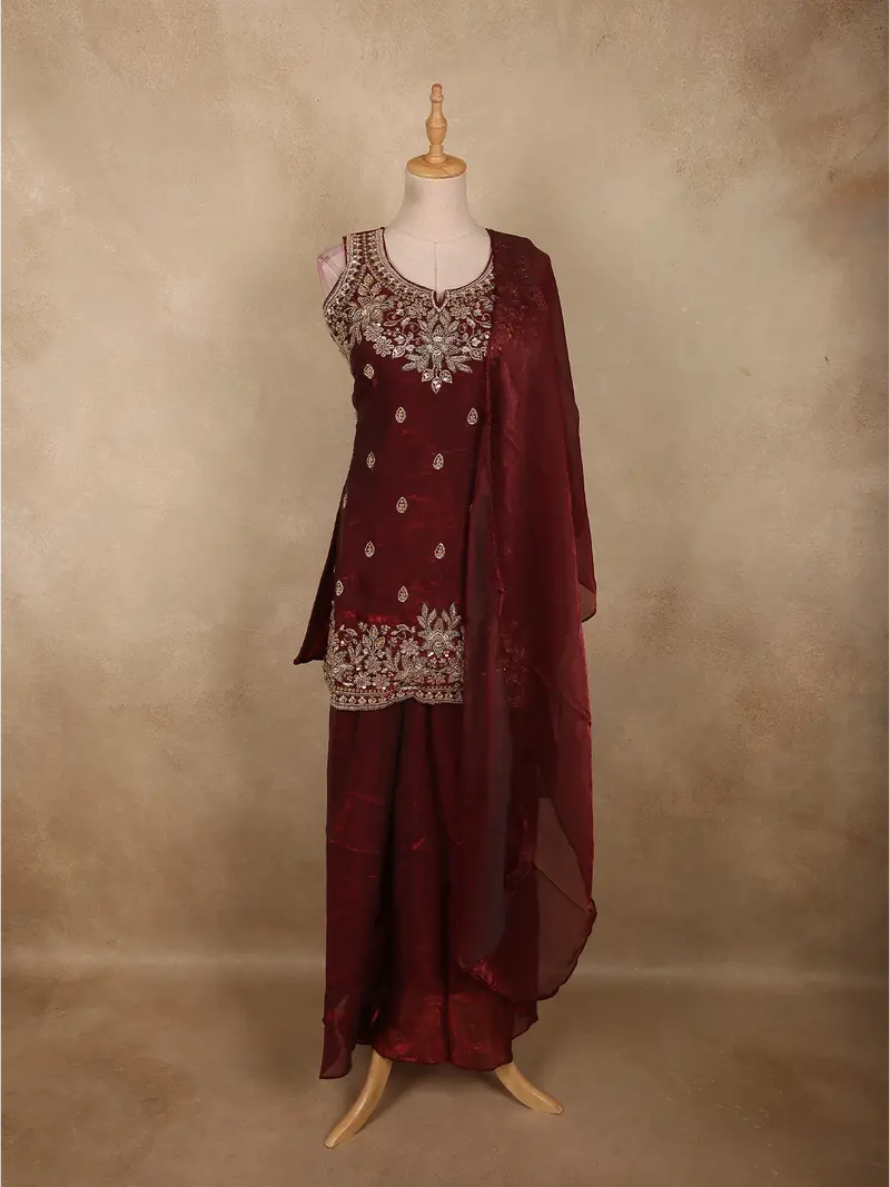 Maroon Sequins And Beads Embroidered Design Organza Palazzo Suit With Dupatta 1