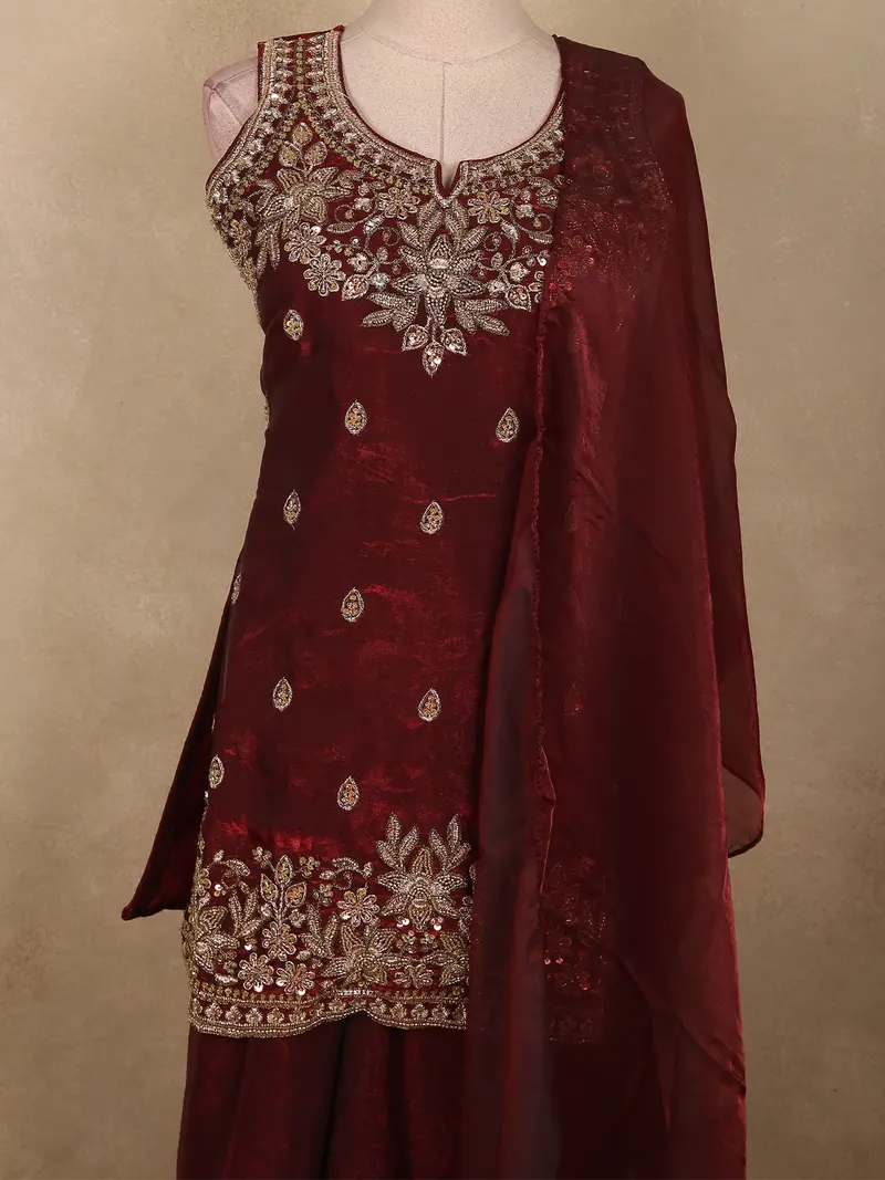 Maroon Sequins And Beads Embroidered Design Organza Palazzo Suit With Dupatta 2