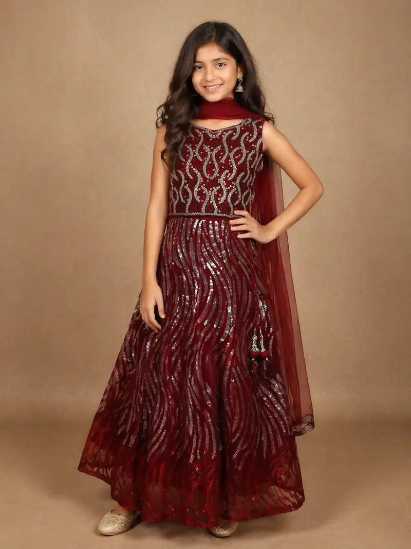 Maroon Sequins Designed Net Lehenga 1